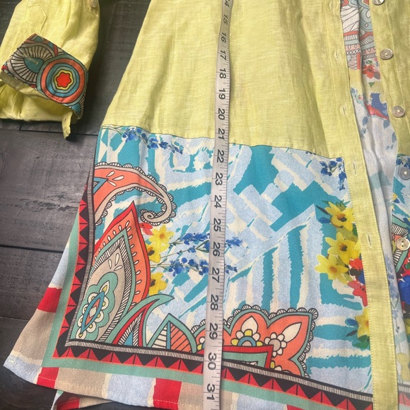 John Mark Tunic Dress Large Linen Blend Long Roll Tab Sleeve Graphic Back M - Picture 6 of 11